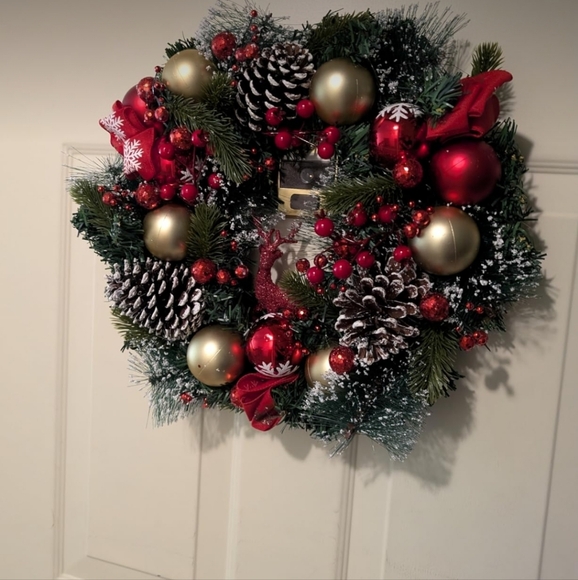 Other - Festive Holiday Wreath with Red and Gold Accents With Lights